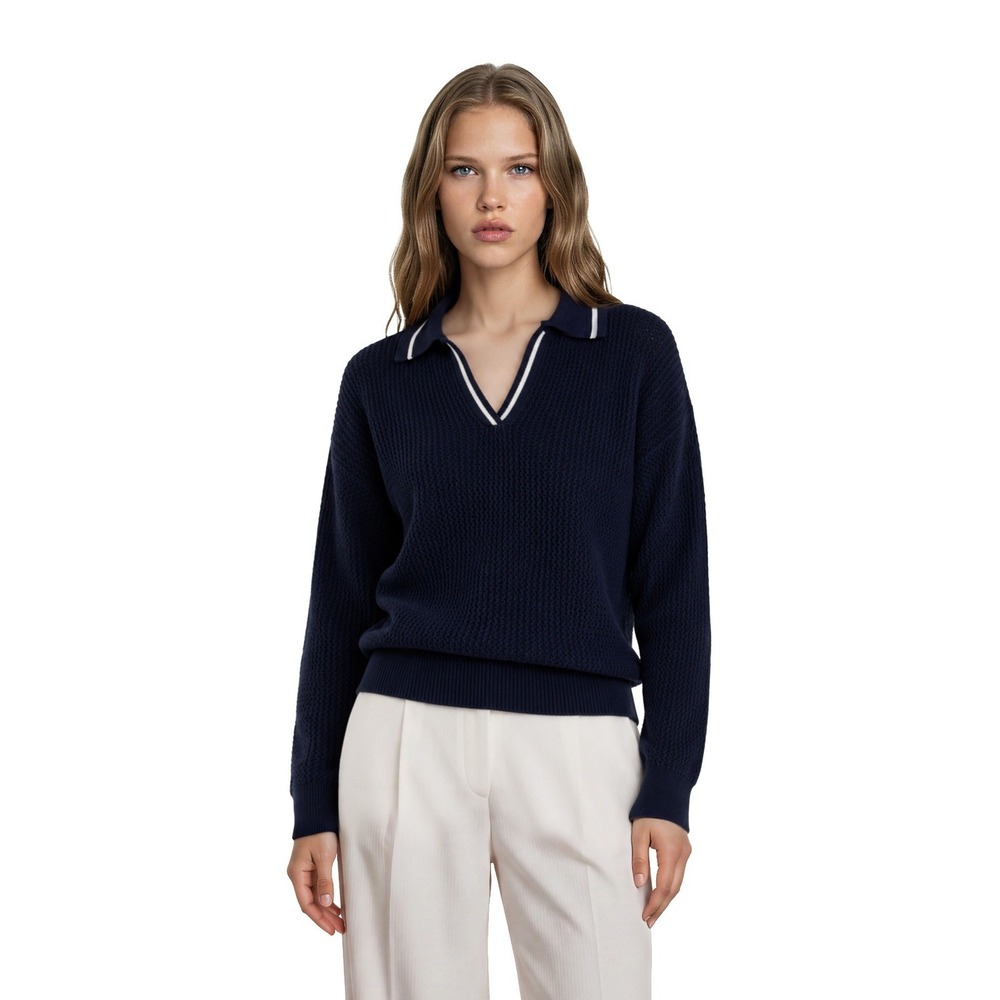 525 Polo Sweater Women's Size Medium Navy‎ Blue Open Knit V Neck Tipped Cropped